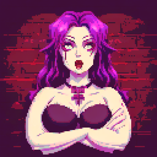 Plus size busty goth girl, with long purple hair, eyeliner, red lipstick. wearing a halter top and spiked collar. Posing for a up close face portrait. vibrant sRGB colors, pixel art, edgy aesthetic