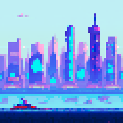 Pixelated city skyline at dusk, towering skyscrapers with neon lights reflecting off the calm waters of a futuristic harbor, a vigilant hero standing atop a dilapidated building, surrounded by the remnants of a once-thriving metropolis