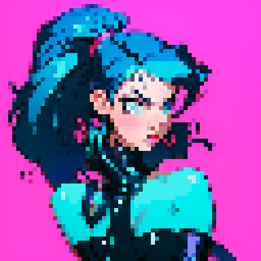 sexy naked woman, pixelated, vibrant colors, retro, curvaceous, confident, seductive, smooth lines, alluring, provocative, sensual, electric energy, vibrant blue hair, expressive eyes, bold lipstick, shapely silhouette, glowing skin, dynamic pose, high contrast, minimalistic background