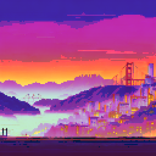 Golden Gate Bridge looming in the distance, fog rolling over the hills, cable cars traversing the streets, Victorian houses lining the roads, and a bustling waterfront scene