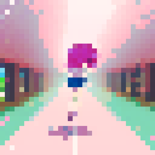 anime girl, pink hair, running with vibrant, pixelated surroundings and a trail of pixelated cherry blossom petals trailing behind