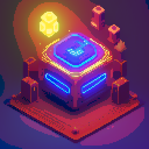 futuristic crate, glowing buttons, golden decorations, intricate details, pixel art style, sRGB, lootbox