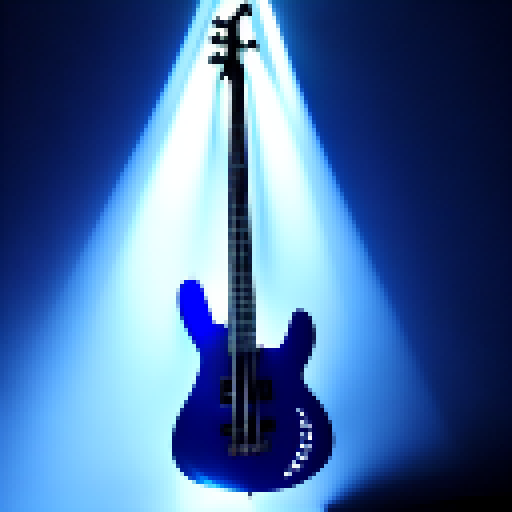blue bass guitar, in a dark room with moody lighting