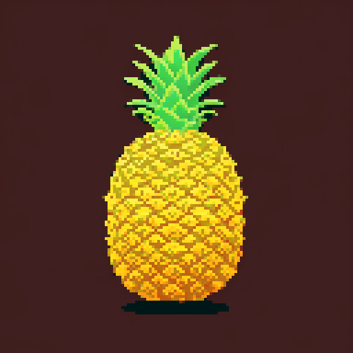 Giant Pineapple with intricate golden patterns growing halfway in the ground, no shadows in an isometric view, against a black background. Set at night, no background. Limited to 6 colours only. 
