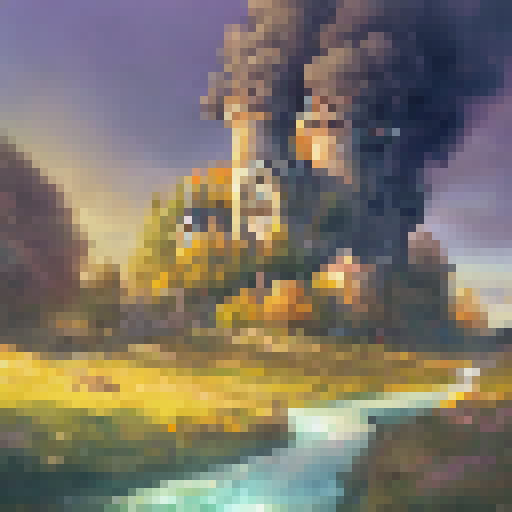 A surreal portrait of a steam-powered castle, towering over a rolling countryside with billowing smoke and gears, surrounded by a whimsical village of colorful homes and a winding river.