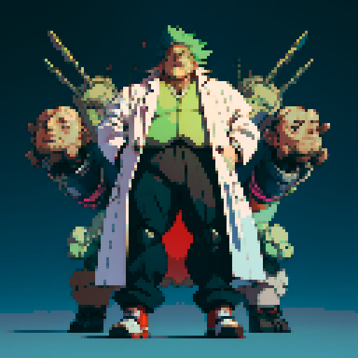 fat mad scientist, full-body image, facing right, giant robot