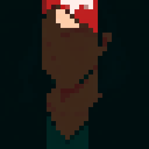 portrait of a mother, with vibrant red hair, gentle expression, and delicate freckles, captured in pixel art style, showcasing vibrant shades of red, green, and blue in sRGB color space, no background