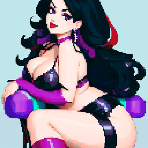 curvy, cute goth girl sitting, black hair, purple eyeshadow, red lipstick, glamour shot, pixel art, vibrant sRGB colors