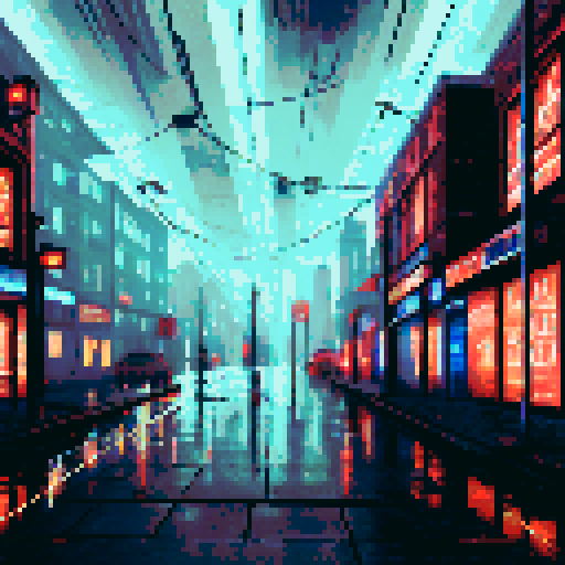 Cybernetic factory, metallic reflections, neon signs, rain-soaked streets, flickering streetlights, gritty urban decay, pixelated raindrops, moody shadows, electrifying atmosphere, dystopian skyline, glitchy holograms, pulsating neon colors, retro-futuristic aesthetics, sRGB color grading, intricate circuitry, steam rising from vents, towering megastructures, crumbling brick walls, chromatic aberration, pixel art rain, ominous clouds, cityscape silhouettes, misty alleyways