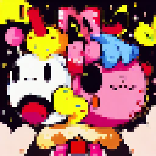 Kirby's adventure through a neon-lit candy land featuring towering lollipops, flying cupcakes, and a menacing boss battle with a towering, pixelated candy dragon, all rendered in a gorgeous anime style with a character portrait close up.