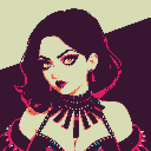 curvy, busty goth girls face, whole head portrait, black hair, purple eyeshadow, red lipstick, low black studded leather halter top, studded collar, vibrant srgb colors, edgy aesthetic