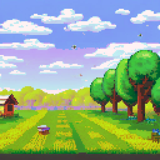 beekeeper in traditional outfit, wooden beehives nestled in lush green fields, colorful flowers blooming, soft rays of sunlight filtering through the trees, vibrant blue sky with fluffy white clouds, bees buzzing around the apiary, quaint wooden fence surrounding the area, a vintage farmhouse in the distance, pixelated bees flying in a synchronized pattern, intricate details on the hive frames, dappled shadows cast by the trees, serene and idyllic countryside landscape