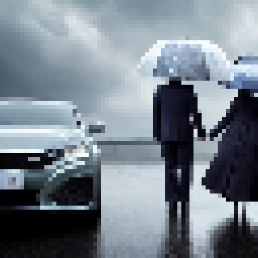 "Husband and wife, with umbrellas in hand, browse through a car lot filled with sleek, enchanted vehicles that gleam like dragon scales, searching for the perfect ride to match their armor and swords."