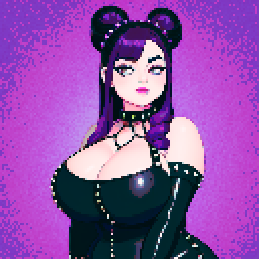 Portrait of Thicc, curvy, busty goth babe with studded collar, long purple hair in buns, fishnet stockings, studded halter top, posing sexy. pixel art, sRGB.