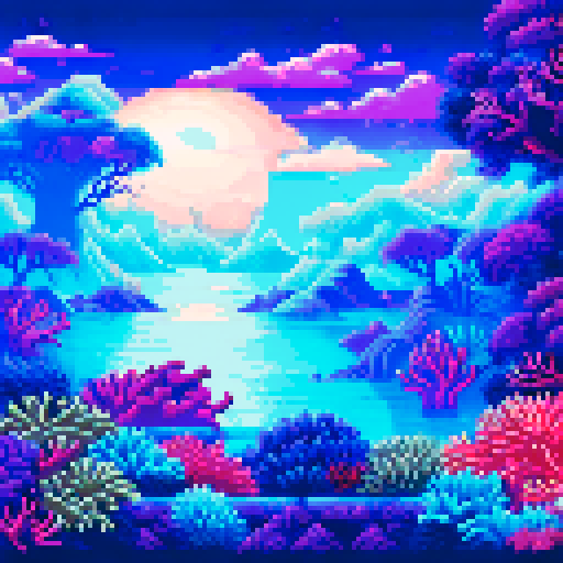 Deep sea underwater background , coral reef with big creatures, vibrant colors, detailed coral reefs, and a serene sRGB landscape, blue and red tones cyberpunk