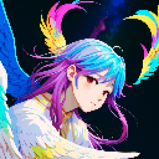 Kpop angel with wings, vibrant colors, pixelated details, sRGB palette, celestial backdrop, flowing hair, ethereal glow, musical notes surrounding