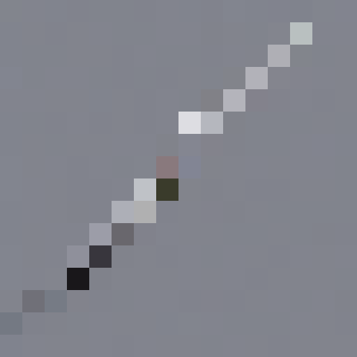 Top-down view of a metallic, gleaming iron sword with a sharp, pointed blade lying horizontally on a plain, grey background in a minimalist, 2D art style.