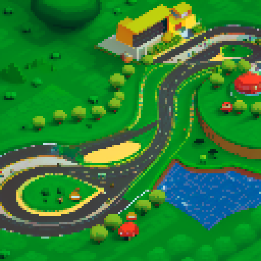 Racetrack circuit, hills with eyes, green, happy