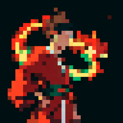 chinese boy in traditional red robe, adorned with intricate gold details, vibrant colors, crisp lines, pixelated charm, black background