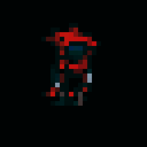 small, red-cloaked character with hidden face, red eyes, black outline, fantasy RPG