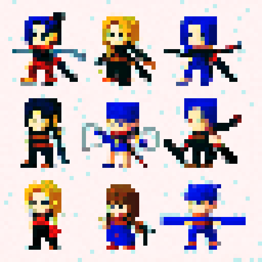 ninja anime pixelated avatars with katanas on there backs