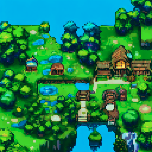 tall vibrant trees, whimsical mushrooms, cozy houses, colorful flowers, pixelated landscapes, enchanting atmosphere, immersive world, nostalgic art style, charming scenery, intricate designs, lively flora and fauna, landscape portrait
