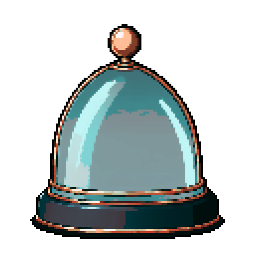 I want a rounded transparent glass half-dome with copper trim and copper rivets around the bottom edge. I want this object usable an asset in a videogame, meaning only one object per image, outlined with a strong black stroke.