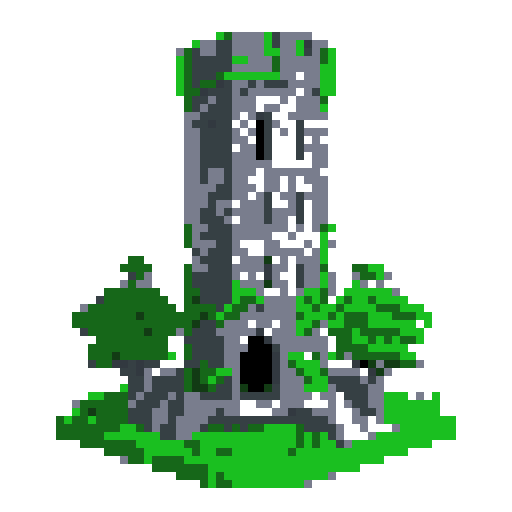 2d grey stone tower in an ancient english style. Old and crumbling but still upright. Green vines crisscross it. Usable as an asset (clear, thick lines and a white background). Put a black stroke around the composition