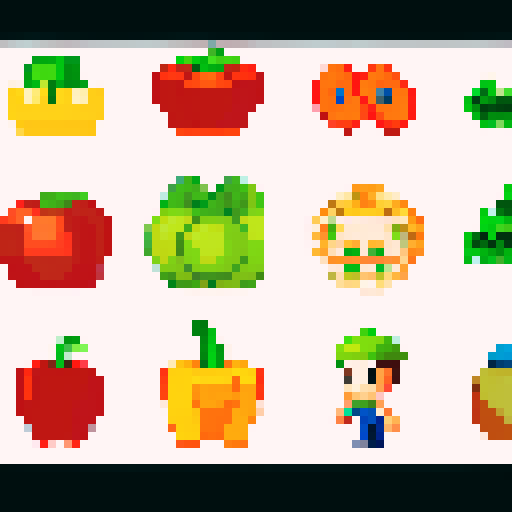   generate a sprite of a character walking left to right, then checking the fridge (fridge should be empty), then doing grocery,  then adding items to the cart and then checking out the items, then paying for the items with coins, then dicing vegetables, then boiling items, then mixing food, then serving food, then eating food, and then the character should be full.
