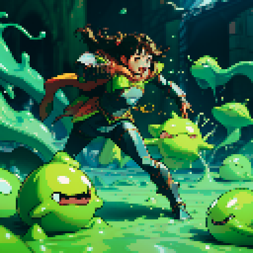 slime surging up around someone, slime engulfing a hero, slime consuming a hero, hero getting engulfed by slime, slime attack, dynamic, slime slamming into someone, impact, splashing slime, full-body image, full-body art, metal armor, brown hair