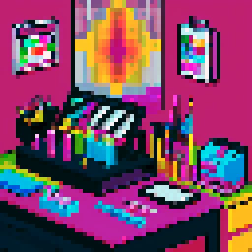 nail tech, desk cluttered with supplies, colorful nail polish bottles, nail art brushes, dotting tool, nail file, pixel art, sRGB