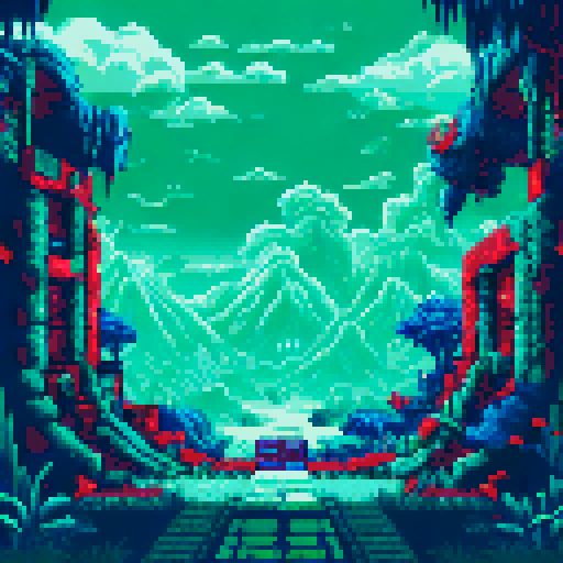 grand mansion with overgrown pixelated gardens, foggy graveyard, glitchy specters, VHS-inspired filter, synthwave music, sRGB, pixel art, background, landscape