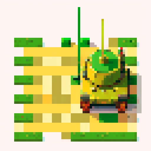 small tank, top-view, Battle City style, game icon, 32x32 pixel art, sRGB, skill art, close up, yellow main color, single turret, intimidating cannons, tracks, pixelated explosions, tranparent background, game sprite, symmetry