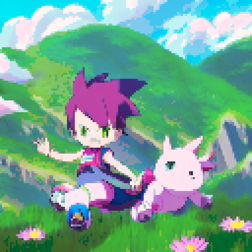 Boy with spiky hair and girl with pigtails, both wearing colorful outfits, dashing through a field of lush green grass with pink flowers, surrounded by a picturesque mountain landscape, all in vibrant anime style
