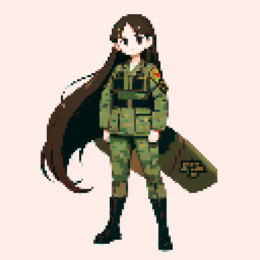 young girl, large round eyes, brown hair, brown eyes, wearing combat army uniform, a full-body standing pose, clean and detailed, game icon, centered composition, beautiful girl, long flowing hair, detailed eyes, slim figure, soft smile, round face, like Japanese anime