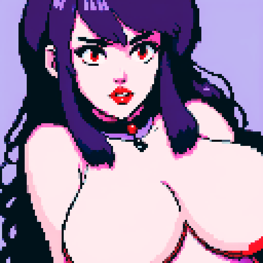 Thicc, busty goth girl, long purple hair, eyeliner, red lipstick, nude breast, spiked collar, up close face portrait, vibrant sega genesis palette, nude pixel art portrait,