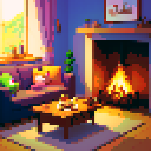 Cozy living room, crackling fireplace, warm glow, comfortable sofa, cute little frog, tiny feet dangling, content expression, small coffee table, steaming cup of coffee, aroma wafting, frog holding coffee, pixel art, cute, masterpiece, kawaii, sRGB