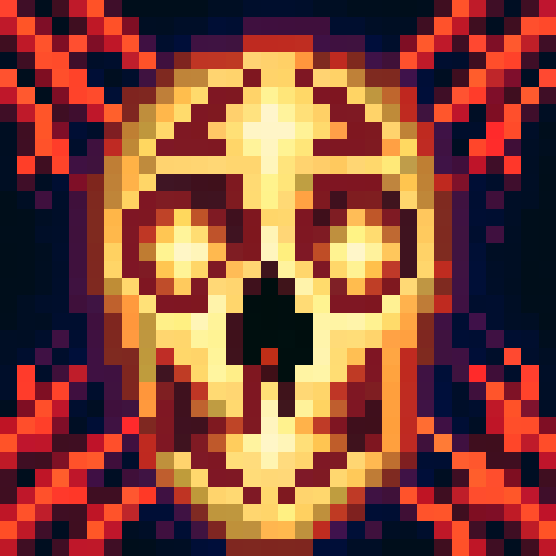 skull, game icon, 32x32 pixel art, sRGB, skill art, close up, portrait, glowing eyes, cracked bone, intricate details, vibrant colors, shadowy background, pixelated texture, menacing expression, symmetrical design