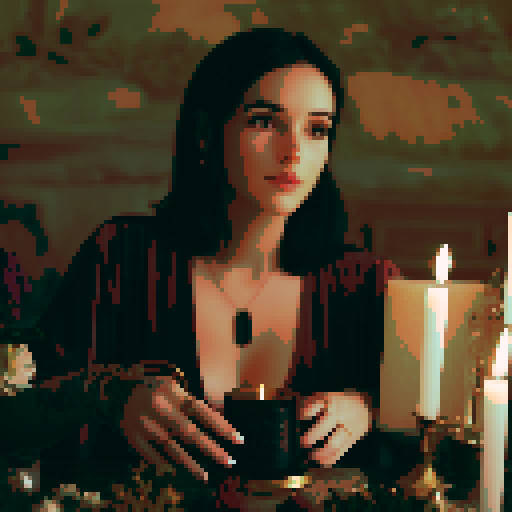 Close-up of a young beautiful woman looking at the viewer making magic with candles.