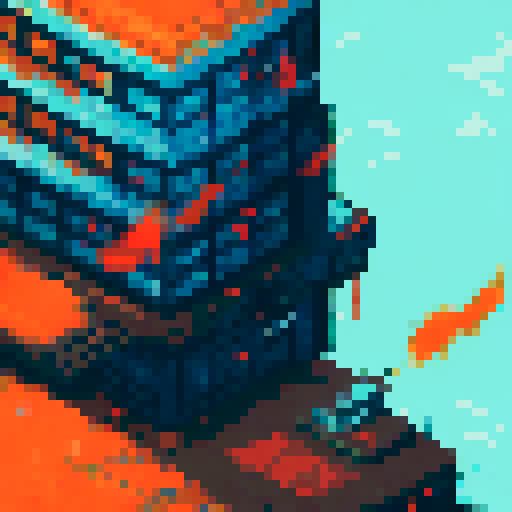 Fiery orange and red debris raining down against a blackened, pixelated cityscape backdrop, all captured in vivid sRGB hues