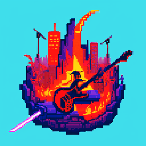 rock guitarist, dragon rider, fiery sky, futuristic city, guitar sword, pixel art, sRGB