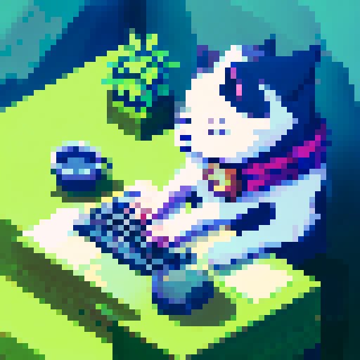 Bushy-bearded programmer furiously typing at desk with black-and-white cat lounging atop computer tower amidst a retro game-style, pixelated landscape with vibrant sRGB colors