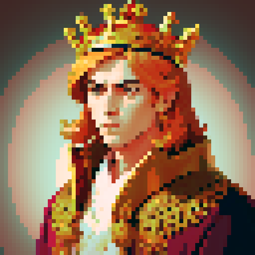 king, regal, crown, majestic, stoic expression, sharp features, royal robe, intricate embroidery, game icon, sRGB, skill art, close up, portrait