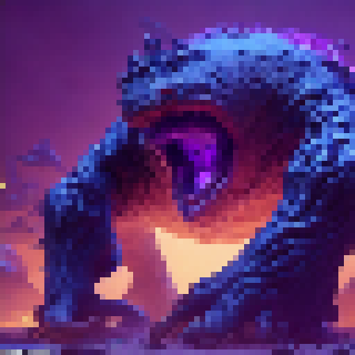  a massive, grotesque creature covered in oozing, pulsating tumors that exude toxic fumes. Its body resembles a nightmarish fusion of multiple animals, with mismatched limbs, twisted horns, and a misshapen head with glowing purple eyes. Its thick hide is almost impervious to physical attacks, and its movements are erratic and unpredictable. Its multiple legs end in razor-sharp claws that can rend through solid rock, and its massive, bulbous abdomen houses a gaping maw lined with rows of serrated