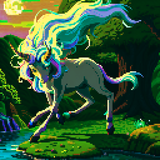 mystic druid wild woman unicorn faun hybrid bathed in moonlight, with a playful demeanor, cloven hooves, showcasing its full body in pixel art style with vibrant sRGB colors