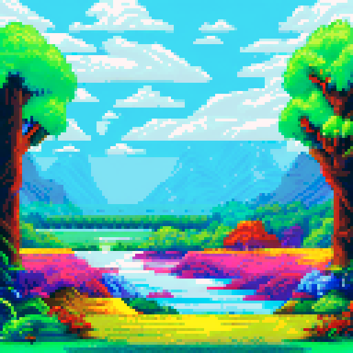 pixel art of a serene landscape of trees and water, and a sunrise with the sun clearly visible in the middle. Bright scene. Foliage and flowers in the forefront. use of simple primary colors of red blue yellow and green. high saturation