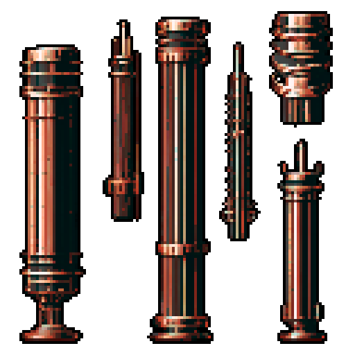 I want a tall vertical copper structure reminiscent of a organ pipe. It should have strange mechanical details that could interlock with each other. I also want this object usable an asset in a videogame, meaning only one object per image, outlined with a strong black stroke, on a solid-color background.
