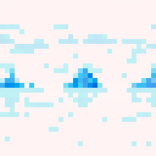 A towering iceberg in deep blue hues dominates a serene pixel art seascape, surrounded by a misty sRGB sky