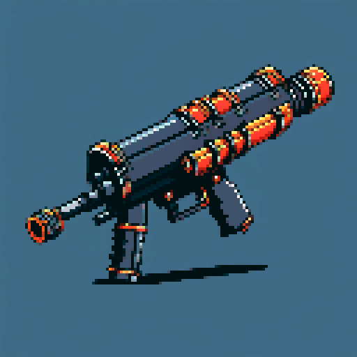 I want to see a minigun with 8 barrels floating in the center of the frame. It should have strange mechanical details that could interlock with others. I want this object usable an asset in a videogame, meaning only one object per image, outlined with a strong black stroke, on a solid-color background. 