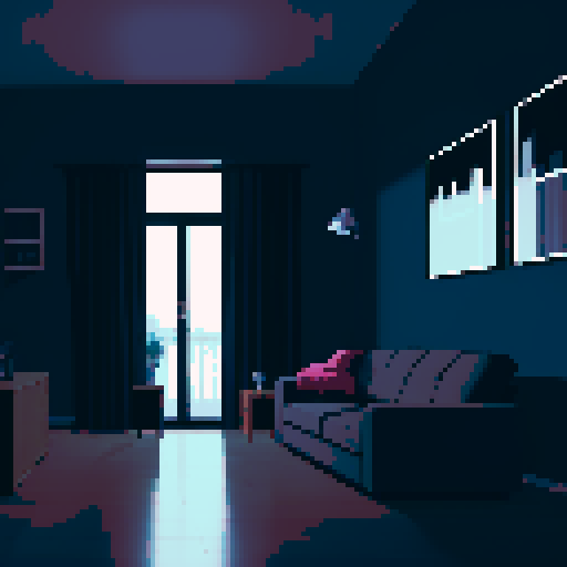 dark apartment interior at night, melancholy, depressed, lonely man's apartment, sadness, dimly lit, bare